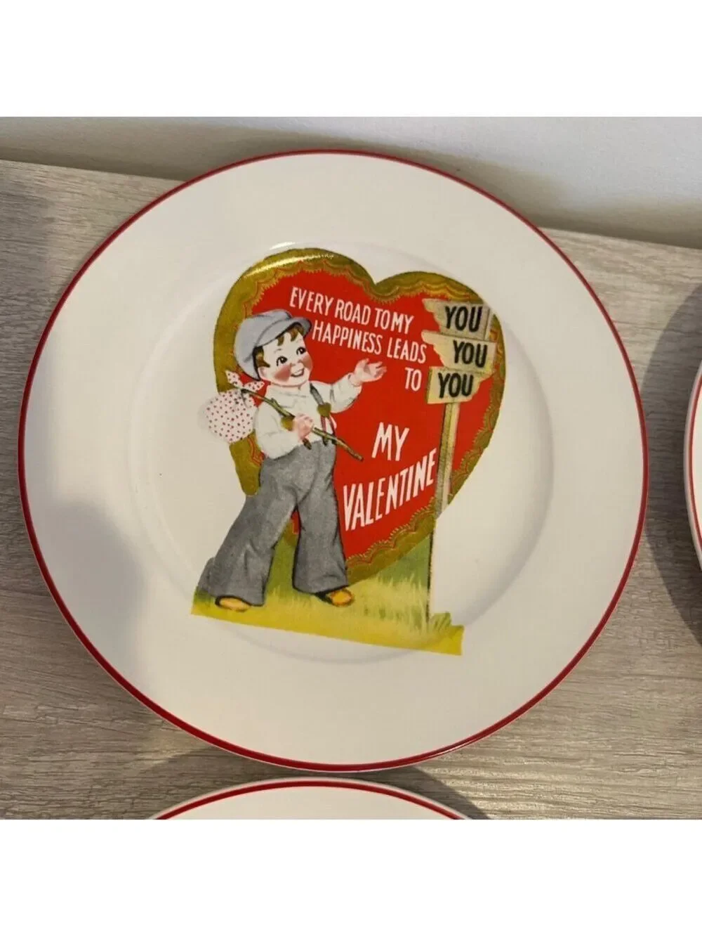 Vintage Rosanna Valentine Dessert Plates Set 4 Red Rim Retro Heart Design 8 in